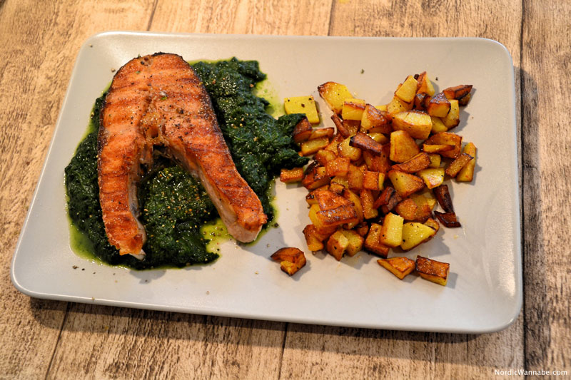 Lachs, Lachssteak, Spinat, Bratkartoffeln, Rezept, Skandinavisch, Skandinavien, Norwegen, norwegisch, selbst gekocht, schnell, lecker, gesund